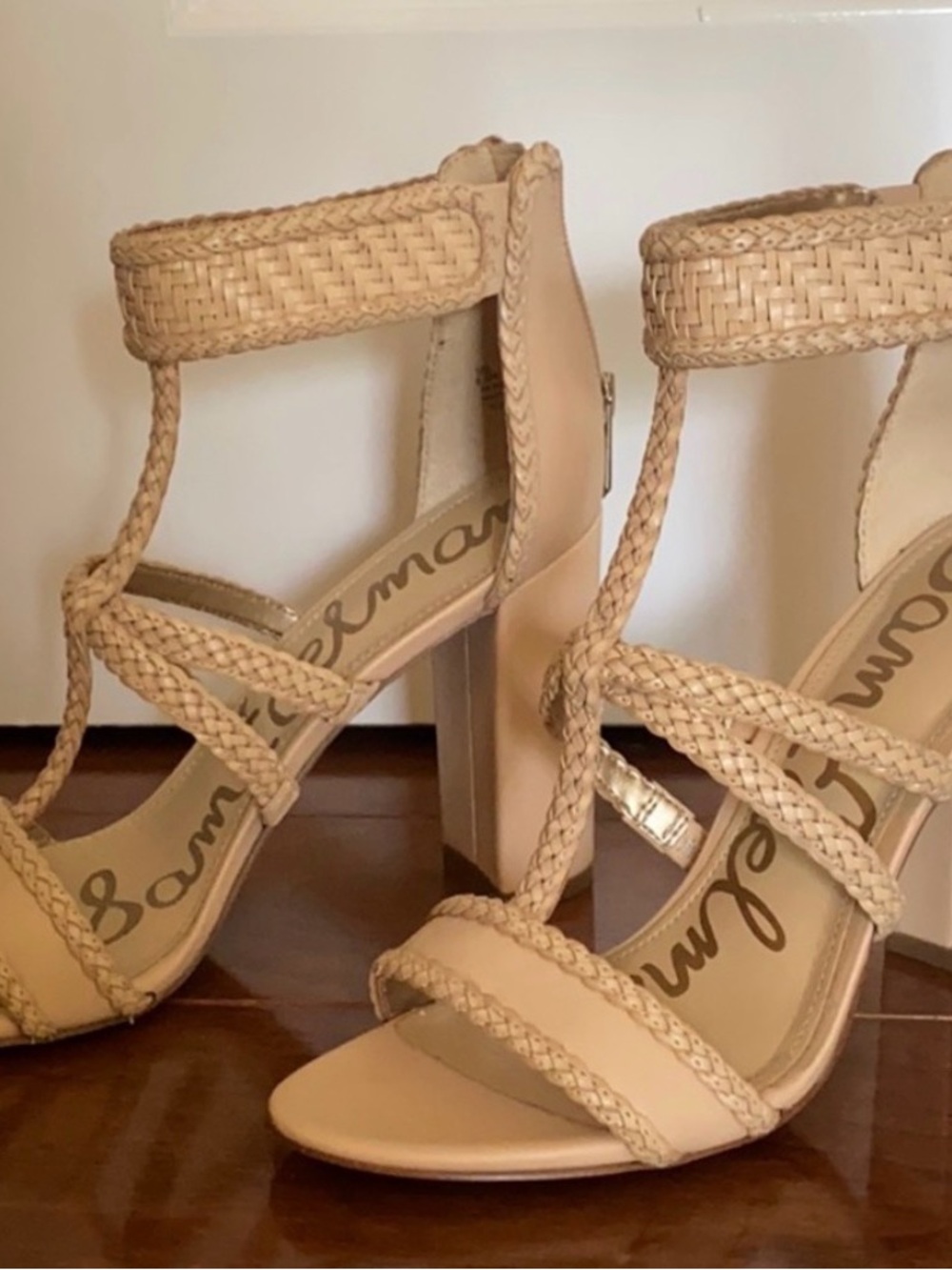 ✨👡🤎SAM EDELMAN | YORDANA - Braided Nude T-Strap High Heel Sandals 👡 🤎✨